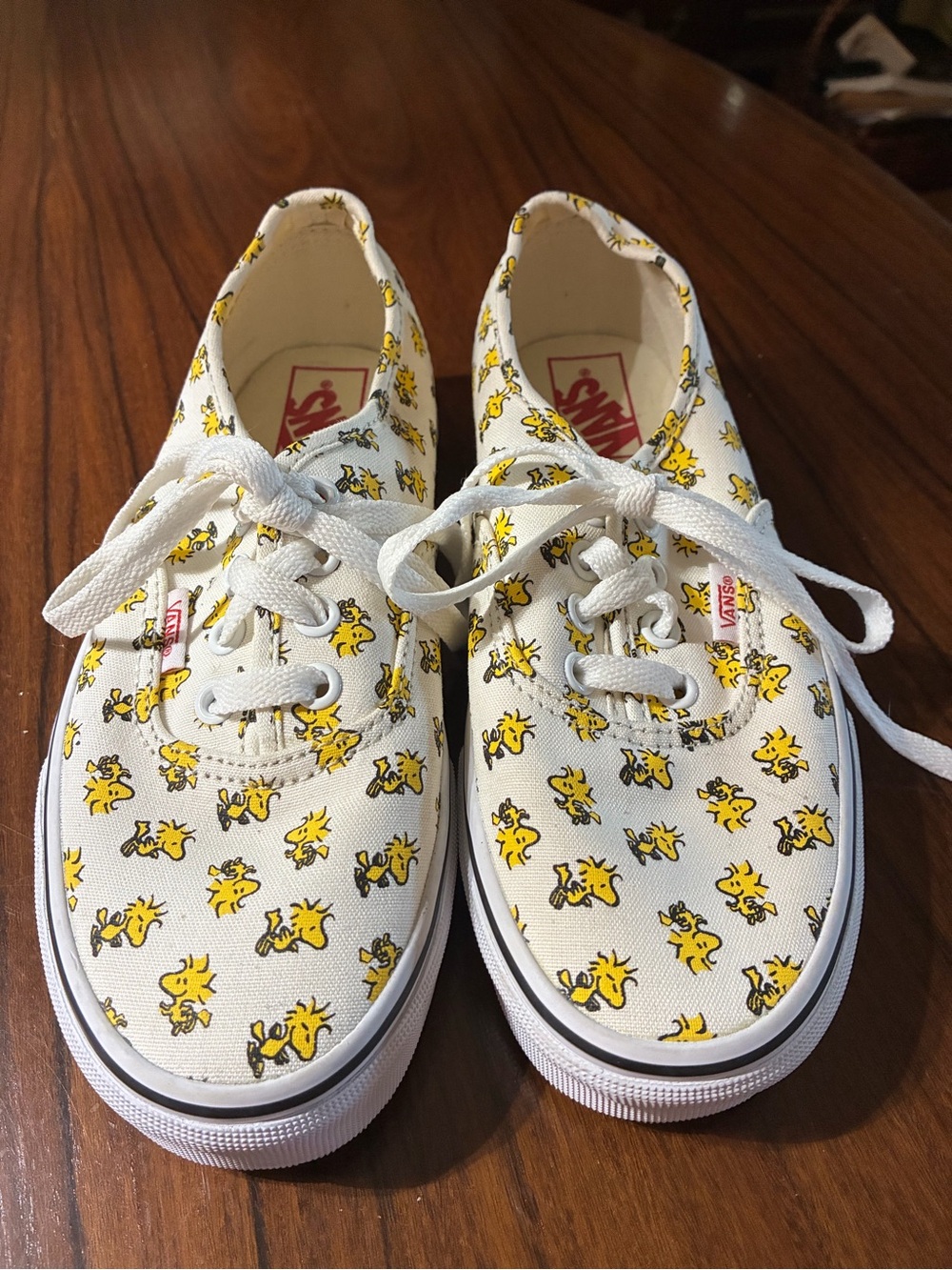 Vans Women’s White Canvas Sneakers with Yellow Woodstock Print